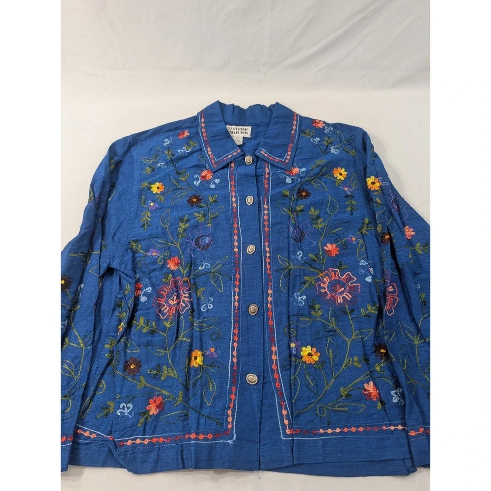 Vtg Tantrums Collection Metal Button‎ Front Shirt Silk Blend Floral Embroidery M